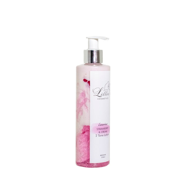 Infused with strawberry &amp; cream scents, enriched with natural non- greasy bees’ wax. This hand and body lotion will pamper and hydrate your hands and body in a luxurious way without that horrible greasy feeling.